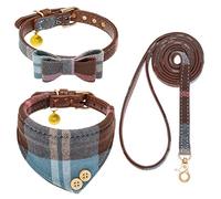 EXPAWLORER Dog Collar and Lead Set - Classic Plaid Bow Tie and Dog Bandana Collar with Cute Bell, No Tangle Dog Lead, Adjustable Puppy Collar for Small Medium Large Dogs Cats, Holiday Birthday Gifts