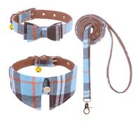 EXPAWLORER Dog Collar and Lead Set - Classic Plaid Bow Tie and Dog Bandana Collar with Cute Bell, No Tangle Dog Lead, Adjustable Puppy Collar for Small Medium Dogs Cats Holiday Birthday Gifts