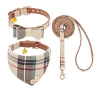 EXPAWLORER Dog Collar and Lead Set - Classic Plaid Bow Tie and Dog Bandana Collar with Cute Bell, No Tangle Dog Lead, Adjustable Puppy Collar for Small Medium Large Dogs Cats, Holiday Birthday Gifts