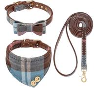 EXPAWLORER Dog Collar and Lead Set - Classic Plaid Cute Bow Tie and Bandana Collar, No Tangle Dog Lead, Adjustable Puppy Collar and Lead for Small Medium Large Dogs, Holiday Birthday Gifts