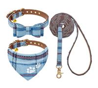 EXPAWLORER Dog Collar and Lead Set - Classic Plaid Dog Bow Tie Collar and Pawprint Dog Bandana Collar with Cute Bell, No Tangle Dog Lead, Adjustable Collars for Cats Small Medium Dogs, Blue S/M