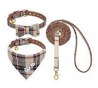EXPAWLORER Dog Collar and Lead Set - Classic Plaid Dog Bow Tie Collar and Pawprint Dog Bandana Collar with Cute Bell, No Tangle Dog Lead, Adjustable Collars for Cats Small Medium Dogs, Brown S/M