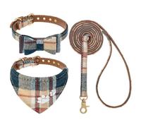 EXPAWLORER Dog Collar and Lead Set - Classic Plaid Dog Bow Tie Collar and Pawprint Dog Bandana Collar, No Tangle Dog Lead, Adjustable Collars for Small Medium Dogs, Beige Medium
