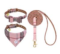 EXPAWLORER Dog Collar and Lead Set - Classic Plaid Dog Collar With Bow Tie and Pawprint Bandana, Adjustable for Puppy Small Dogs and Cats, Pink Small