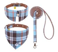EXPAWLORER Dog Collar and Lead Set - Plaid Puppy Collar and Lead Embroidery Pawprint, Cute Pet Bandana Neck Decor with Bell, Adjustable Dog Collars for Small Medium Dogs Cats Girl Boy, Navy Small