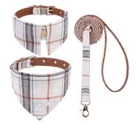 EXPAWLORER Dog Collar and Lead Set - Plaid Puppy Collar and Lead Embroidery Pawprint, Cute Pet Bandana and Neckband, Adjustable Dog Collars for Small Medium Dogs Cats Girl Boy, Cream Medium