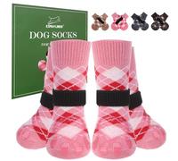 EXPAWLORER Dog Socks Paws Stop Licking - 4 Pack Double Sided Anti Slip Pet Socks with Grips for Hardwood Floors, Dog Shoes Boots for Small Medium Large Senior Breeds British Style, Pink L