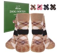 EXPAWLORER Dog Socks Paws Stop Licking - 4 Pack Double Sided Anti Slip Pet Socks with Grips for Hardwood Floors, Dog Shoes Boots for Small Medium Large Senior Breeds British Style, Khaki L
