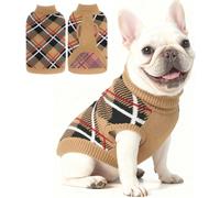 EXPAWLORER Fall Dog Sweater for Small Medieum Large Dogs, Knitted Pullover Turtleneck Cold Weather Classic Plaid Pet Clothes Sweatshirt Outfits for Winter, Girl/Boy Knitwear with Leash Hole Beige ML