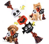 EXPAWLORER Halloween Dog Squeaky Toy - Interactive Doggie Rope Toy with Squeaker, Tug of War Pull Rope Teeth Cleaning, Tough Cotton Chew Toys for Small Medium Large Dogs Puppies Skull+Pumpkin+Devil