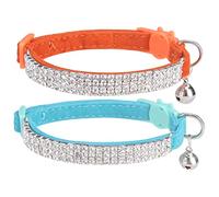 EXPAWLORER Velvet Cat Collar with Bell Quick Release - Sparkling Rhinestones Cute Cat Collars Breakaway Safety Buckle, Adjustable Soft Dazzling Pet Collar for Cats and Puppies, Blue & Orange