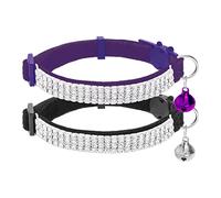 EXPAWLORER Velvet Cat Collar with Bell Quick Release - Sparkling Rhinestones Cute Cat Collars Breakaway Safety Buckle, Adjustable Soft Dazzling Pet Collar for Cats and Puppies, Black & Purple