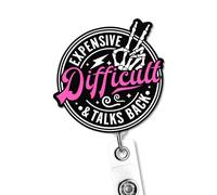 Expensive Difficult and Talks Back Badge Reel - Funny Skeleton Hand Peace Sign Retractable ID Card Holder with Alligator Clip - Sarcastic Retro Nurse Badge Reel, Sassy Work Humor Gift for Women