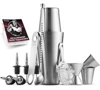 Expert Cocktail Shaker Home Bar Set - 14 Piece Stainless Steel Bar Tools Kit with Shaking Tins, Flat Bottle Opener, Double Bar Jigger, Hawthorne Strainer, Shot Glasses, Bar Spoon, and 6 Pour Spouts