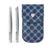 Expert Slant and Point Tip Tweezer Set with Exclusive Leather Case, GlamTweeler Sharp & Precision Tweezer Set for Eyebrows, Facial Hairs and Fine Hairs Removal (Sparkle Silver)