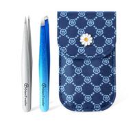 Expert Slant and Point Tip Tweezer Set with Exclusive Leather Case, GlamTweeler Sharp & Precision Tweezer Set for Eyebrows, Facial Hairs and Fine Hairs Removal (Sparkle Royal Blue + Silver)