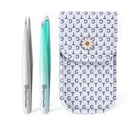 Expert Slant and Point Tip Tweezer Set with Exclusive Leather Case, GlamTweeler Sharp & Precision Tweezer Set for Eyebrows, Facial Hairs and Fine Hairs Removal (Sparkle Mint Green + Silver)