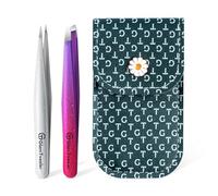 Expert Slant and Point Tip Tweezer Set with Exclusive Leather Case, GlamTweeler Sharp & Precision Tweezer Set for Eyebrows, Facial Hairs and Fine Hairs Removal (Sparkle Deep Voilet + Silver)
