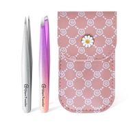 Expert Slant and Point Tip Tweezer Set with Exclusive Leather Case, GlamTweeler Sharp & Precision Tweezer Set for Eyebrows, Facial Hairs and Fine Hairs Removal (Sparkle Violet + Silver)