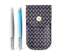 Expert Slant and Point Tip Tweezer Set with Exclusive Leather Case, GlamTweeler Sharp & Precision Tweezer Set for Eyebrows, Facial Hairs and Fine Hairs Removal (Sparkle Blue + Silver)