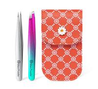 Expert Slant and Point Tip Tweezer Set with Exclusive Travel Case, GlamTweeler Sharp & Precision Tweezer Set for Eyebrows, Facial Hairs & Fine Hairs Removal (Sparkle Purple & Turquoise + Silver)