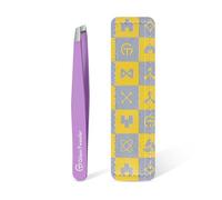 Expert Slant Tip Tweezers with Leather Case, GlamTweeler Sharp & Precision Stainless Steel Tweezer for Eyebrows, Facial Hair and Fine Hairs Removal (Violet)