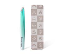Expert Slant Tip Tweezers with Leather Case, GlamTweeler Sharp & Precision Stainless Steel Tweezer for Eyebrows, Facial Hair and Fine Hairs Removal (Sparkle Mint Green & Silver)