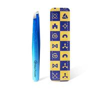 Expert Slant Tip Tweezers with Leather Travel Case, GlamTweeler Sharp & Precision Stainless Steel Tweezer for Eyebrows, Facial Hair and Fine Hairs Removal (Sparkle Royal Blue & Aqua)