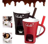 Explcior Meltie Cup, Meltiecup, Chocolate Fondue Mug Set with Fork, Ceramic Mini Sweet Chocolate Melting Cup Set for Cheese, Great for Camping/Date/Movie Night/Birthday/Wedding Gifts(Black+Red)