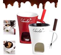 Explcior Meltie Cup, Meltiecup, Chocolate Fondue Mug Set with Fork, Ceramic Mini Sweet Chocolate Melting Cup Set for Cheese, Great for Camping/Date/Movie Night/Birthday/Wedding Gifts(Red+White)