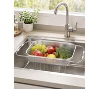 Explcior Stainless Steel Telescopic Drainer Basket, Expandable Over Sink Colander with Adjustable Handles, 304 Metal Strainer Tray for Washing Fruit, Vegetables, Dishes and Food Prep(Fine,L)