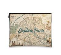 Explore Paris Makeup Bag, Vintage Map Cosmetic Pouch for Women, Portable Canvas Zipper Organizer, Travel Toiletry Bag, beige, 7x9 Inch, Map