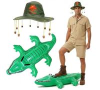 Explorer Costume Inflatable Crocodile & Koala Cork Hat - Australian Outback Safari Fancy Dress Set for Adults - Funny Aussie Costume for Australia Day, Travel Parties, Festivals & Themed Events