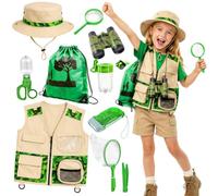 Explorer Costume Kids, 11 Pcs Explorer Kit with Safari Vest Pockets, Hat, Binoculars, Bug Catcher Kit, Whistle, Torch, Magnifying Glass,Storage Pouch, Adventure Role Play Dress for Boys Girls 3-7Y