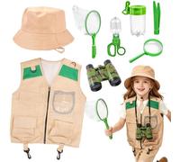 Explorer Costume Kids, 8 Pcs Explorer Kit with Safari Vest Pockets, Hat, Telescope, Bug Catcher Kit, Camping Gear for Kids Ideal Outdoor Camping Adventure Role Play Dress Up for Boys Girls 3-7 (Green)