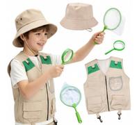 Explorer Costume Kids Bug Explorer Kit, with Orange-Khaki Vest Safari Hat Bug Catcher Net Magnifying Glass, Explorer Outfit Fancy Dress for Boys Girls 3-9Y Outdoor Camping Adventure (Green, One Size)