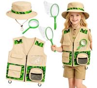 Explorer Costume Kids Bug Explorer Kit, with Orange-Khaki Vest Safari Hat Bug Catcher Net Magnifying Glass, Explorer Outfit Fancy Dress for Boys Girls 3-9Y (Green 2, One Size)