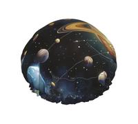 Exploring the Solar System Print Shower Cap for Women Men, Reusable Double-Layer Fabric Bathing Cap Girls Hair Caps, 27 CM