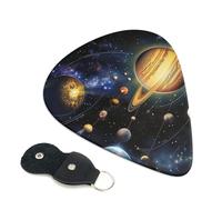 Exploring the Solar System Printed Guitar Picks, 6 Pack with Leather Keychain Pick Holder - 0.46mm, 0.71mm, 0.96mm Assorted Thickness for Acoustic Ukulele, Electric Guitar, Acoustic Guitar, Bass
