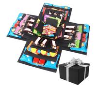 Explosion Gift Box, 5 Layer Snack Explosion Box with Tape and Ribbon, Black-Silvery DIY Surprise Box Scrapbooking Boxes Photo Album Explosion Boxes for Birthday Anniversary Valentine's Day Wedding