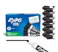 EXPO Low Odor Bullet Black Dry Erase Markers For Use On Whiteboards, Glass and Non-porous Surfaces; Ideal for Classrooms, Offices and Homes, Pack of 12 (82001)