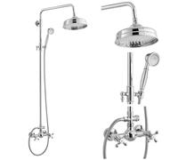 Exposed Bathroom Shower Fixture Set - 8 Inch Rainfall Shower Head Wall Mount 2 Functions Double Knobs Cross Handle Mixer Brass Handheld Spray Polish Chrome Finish