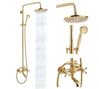 Exposed Shower Faucet Set 8 Rain Shower 2 Double Knobs Handle Gold Polish Triple Function Tub Spout Shower Fixture Combo System Unit Set