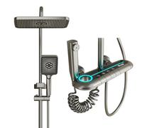 Exposed Shower System Bathroom Faucet Set with Digital Display Ambient Light, 4 Function Mixer Tap Waterfall Tub Faucet, Rain Head, Handheld, Spray, Gray (Gray)