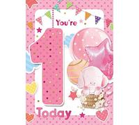 Express Yourself Birthday Card for Age 1 Girl - Includes Envelope - Elephant and Balloons Design on Pink Font,137x195mm