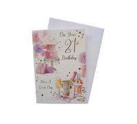 "Express Yourself" Birthday Card for Age 21 Female - Includes Envelope - Decorated Cake And Luxurious Glass With Beverages.