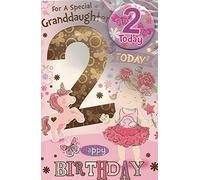 Express Yourself Birthday Card for Granddaughter Age 2 - Envelope and Badge Included - Animated Little Girl and Unicorn Design