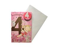 "Express Yourself" Birthday Card for Granddaughter Age 4 - Includes Badge and Envelope - Animated Little Girl Playing on The Swing with Her Cute Pet Bunny Next to Her