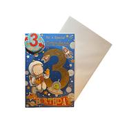"Express Yourself" Birthday Card for Grandson Age 3 - with Envelope and Badge Included - Animated Little Boy Dressed as an Astronaut Design