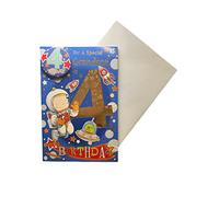 "Express Yourself" Birthday Card for Grandson Age 4 - Includes Badge and Envelope - Animated Little Astronaut in Space Design for 4-Year-Old Boy